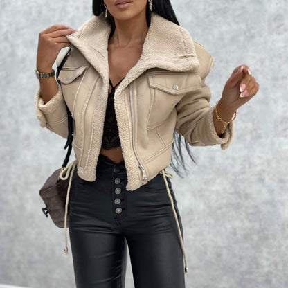 Womens Faux Leather Sherpa Cropped Moto Jacket