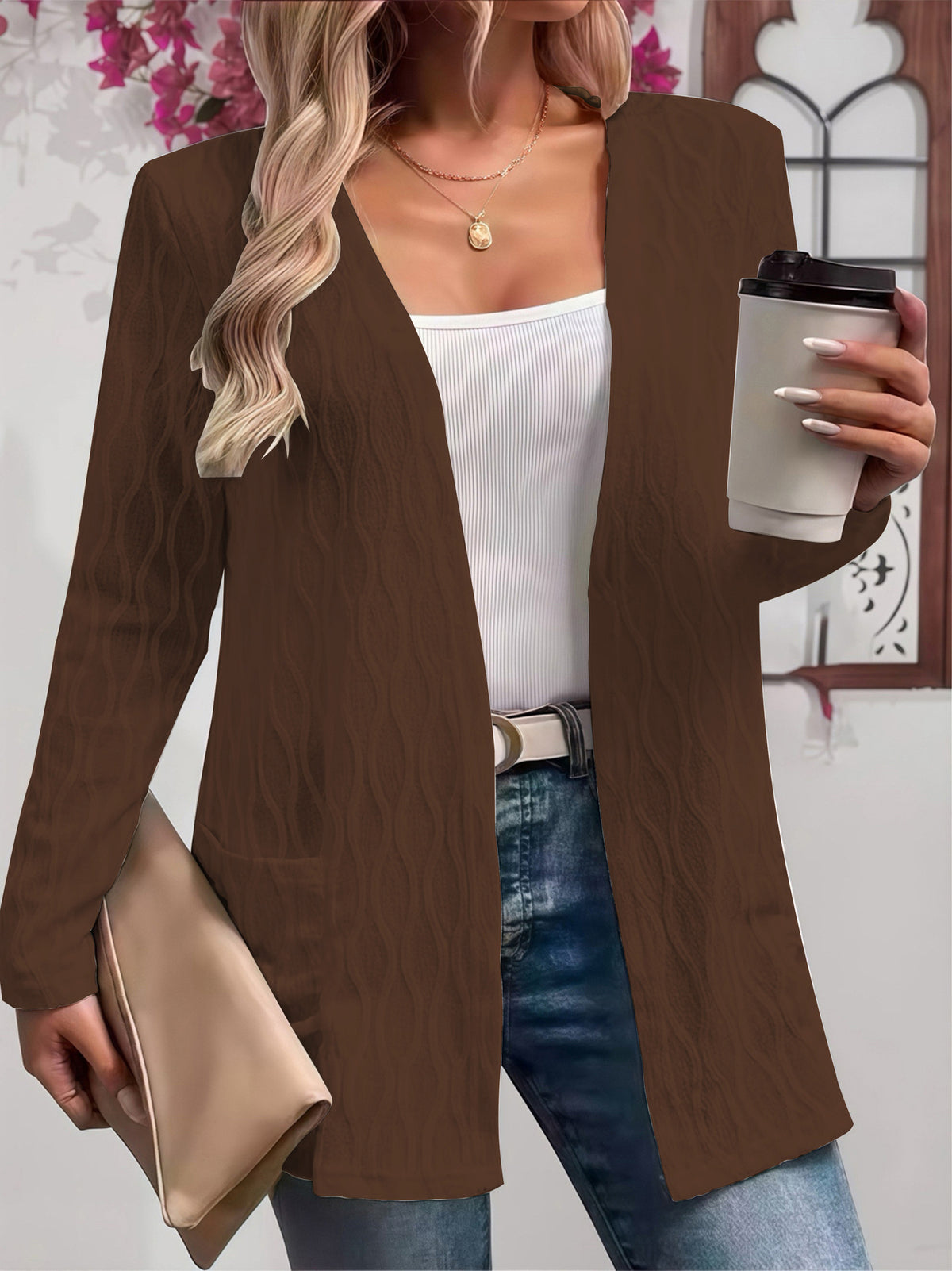 Women's Open Front Cable Knit Cardigan Sweater Pockets