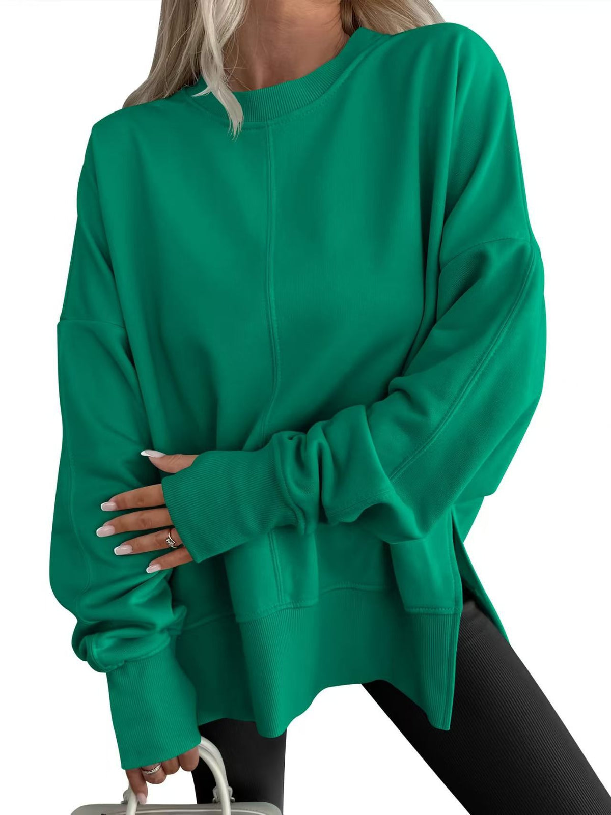 Women's Oversized Fleece Crewneck Sweatshirt Side Slit