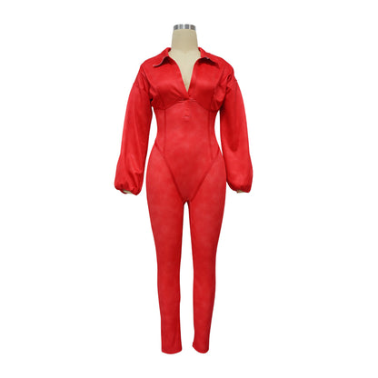 Sexy Ribbed Long Sleeve Zip Up Bodycon Jumpsuit
