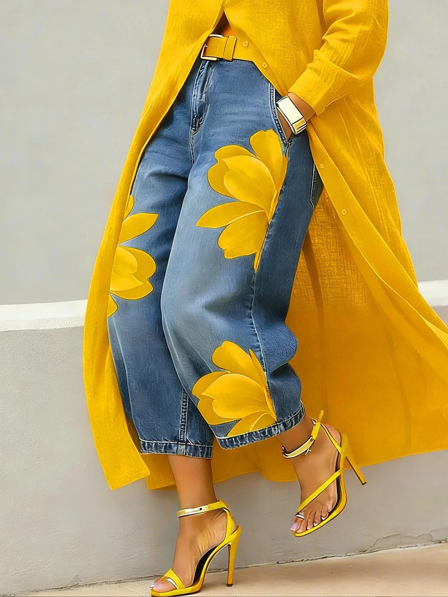 Women's Floral Denim Wide Leg Pants