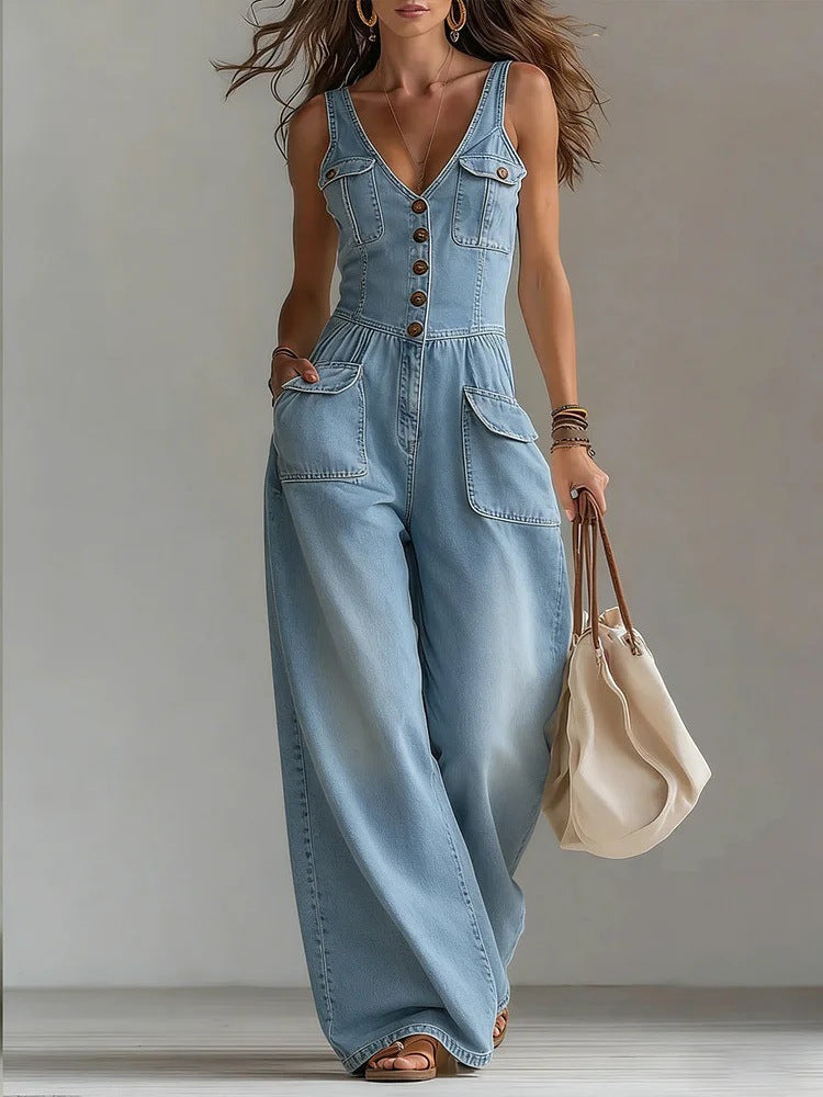 Sleeveless V-Neck Denim Jumpsuit Women Wide Leg