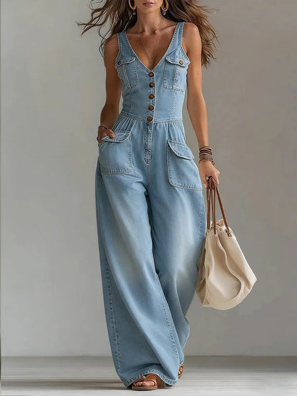 Sleeveless V-Neck Denim Jumpsuit Women Wide Leg