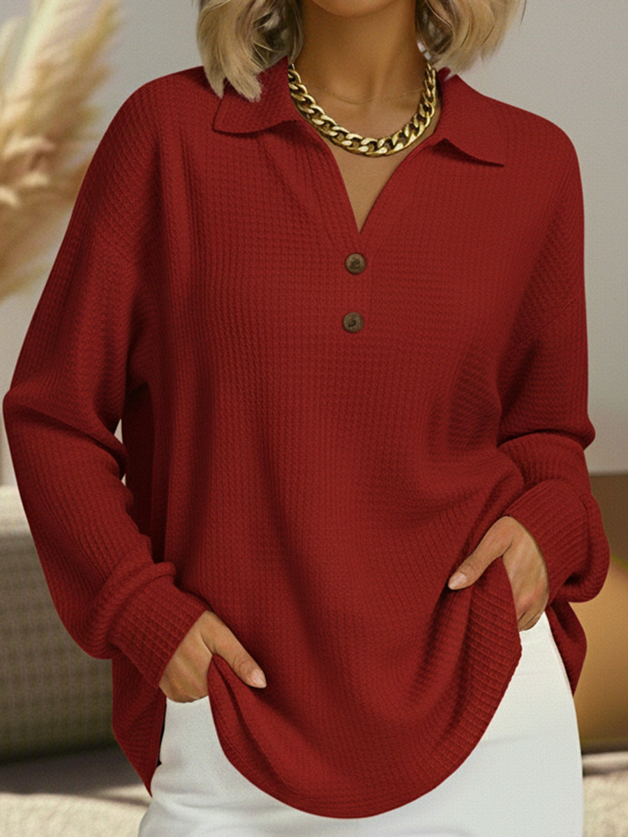 Women’s Waffle Knit Henley Top Collared V Neck Pullover