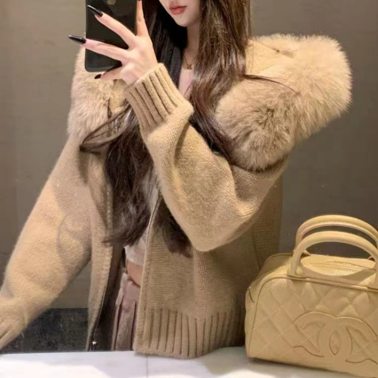 Women's Faux Fur Collar Hooded Zip-Up Cardigan Sweater