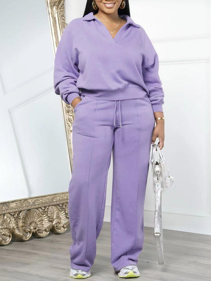 Women's Solid 2 Piece Lounge Sweatshirt Wide Leg Pants Set