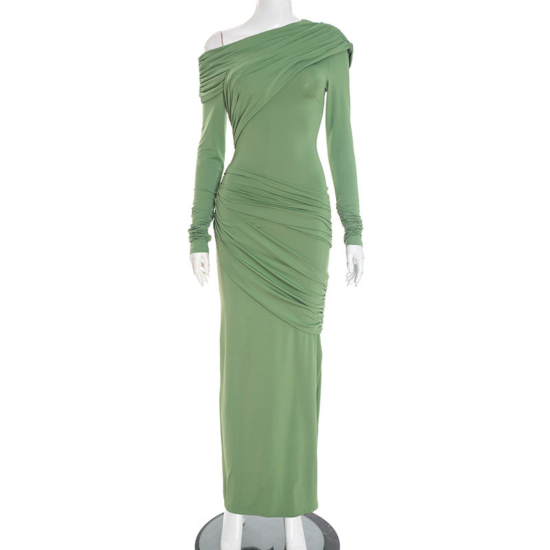 One Shoulder Ruched Bodycon Maxi Dress Long Sleeve