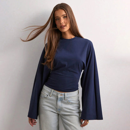 Women's Crew Neck Bell Sleeve Cinched Waist Long Sleeve Top