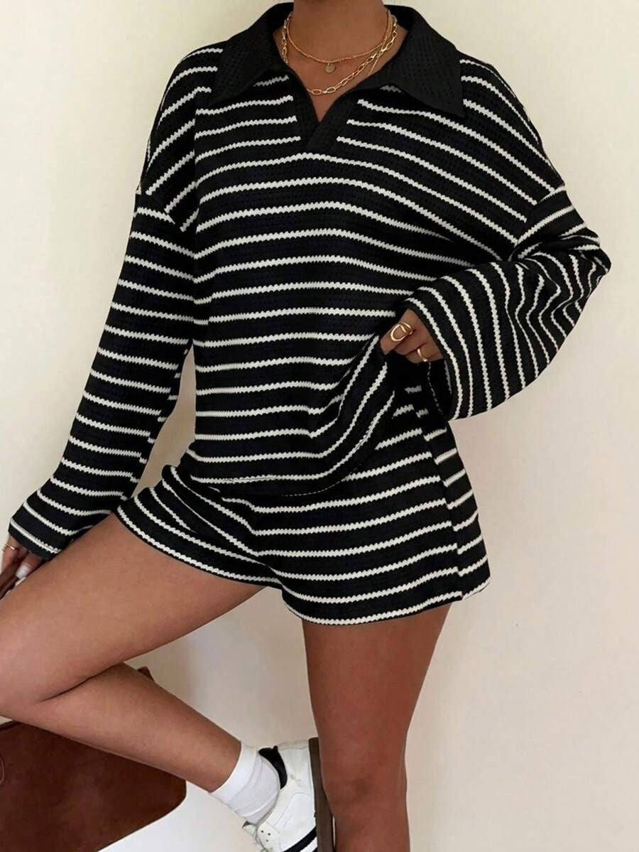 Striped Polo Lounge Set Long Sleeve Top & Shorts Set