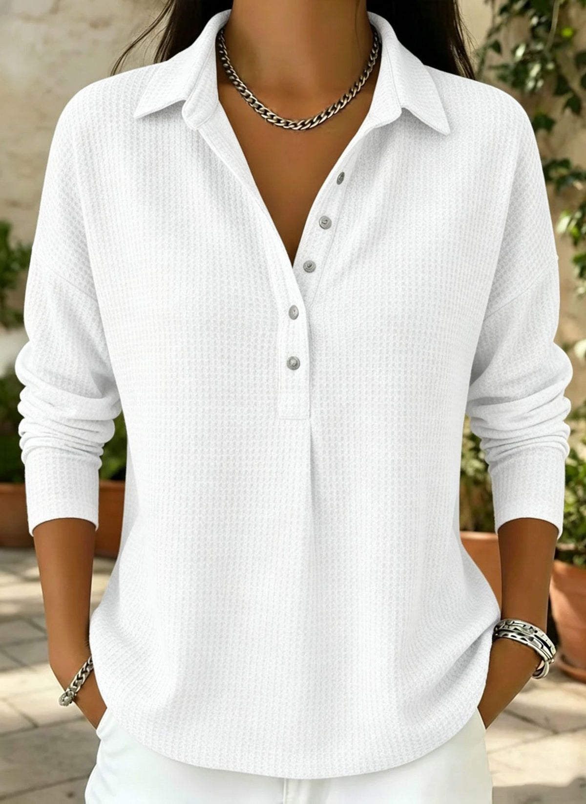 Women's Oversized Waffle Knit Collared Button Down Shirt