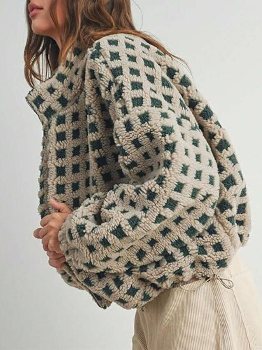 Women's Oversized Checkered Sherpa Fleece Jacket