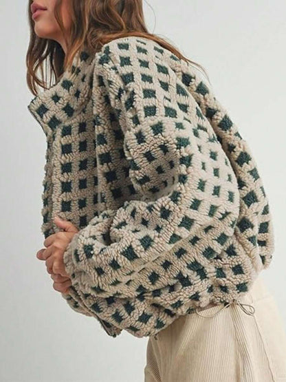 Women's Oversized Checkered Sherpa Fleece Jacket