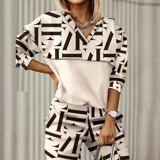 Women's Geometric Print Lounge Set Long Sleeve Top Pants