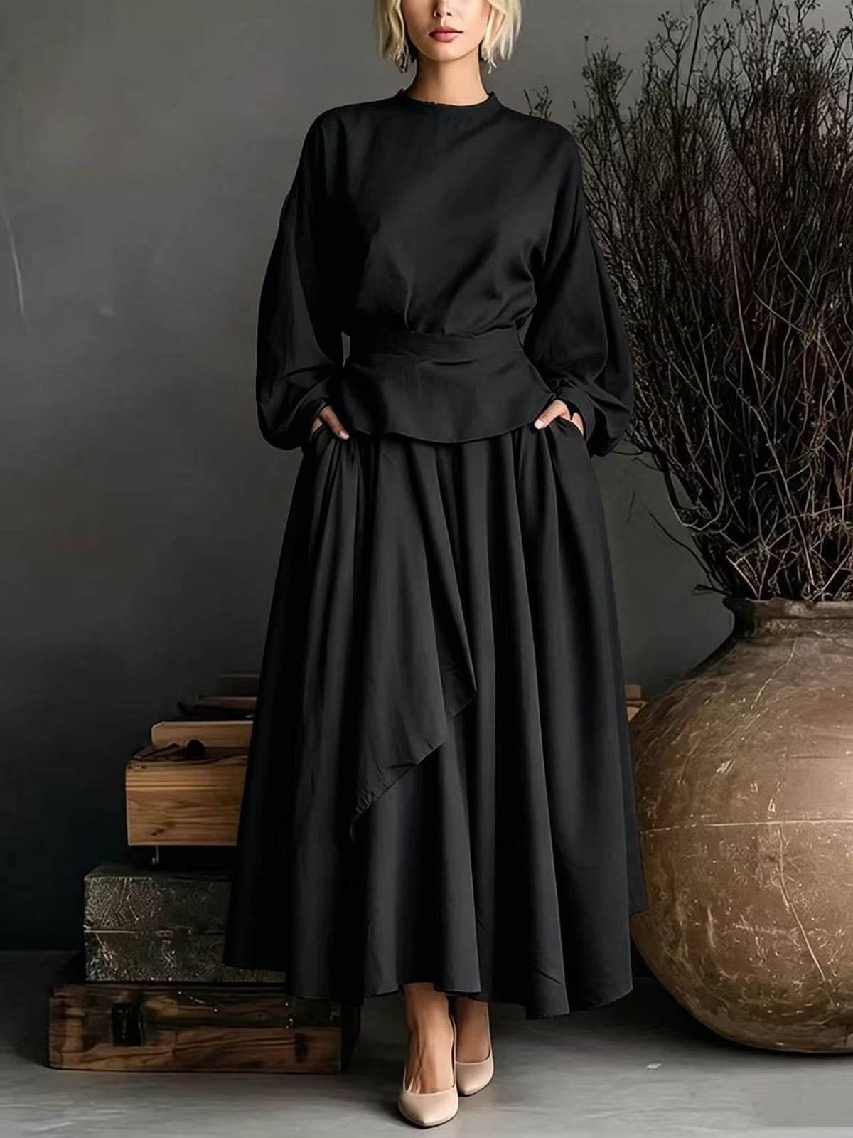French Linen Cinched Waist Top & Maxi Skirt Set