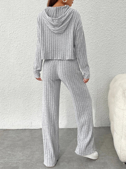 Women's Ribbed Knit Hoodie Wide Leg Pants Lounge Set