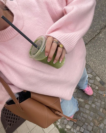 Women's Pink Oversized Crewneck Pullover Sweater
