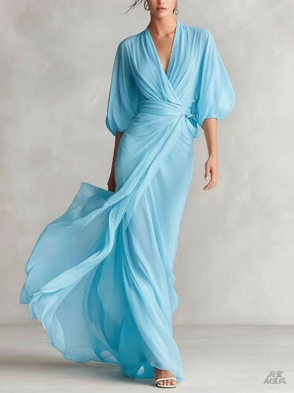 Elegant Deep V-Neck Lantern Sleeve Wrap Maxi Dress