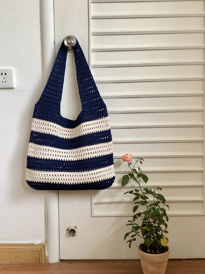 Women's Striped Knitted Bag Hollowed Out Handbag Shoulder Bag Crochet Knitting Beach Bag