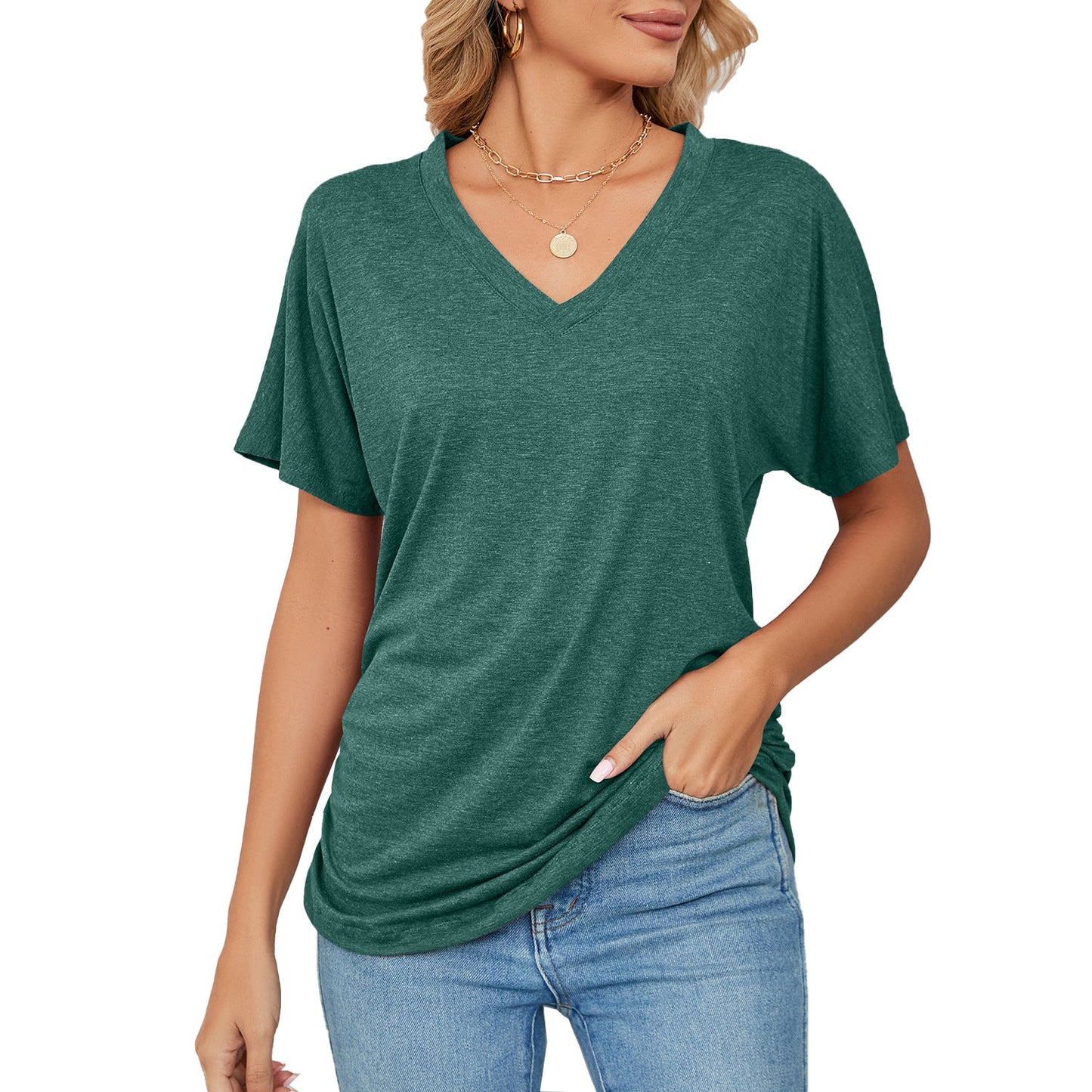 Casual V Neck Loose Fit Short Sleeve T Shirt
