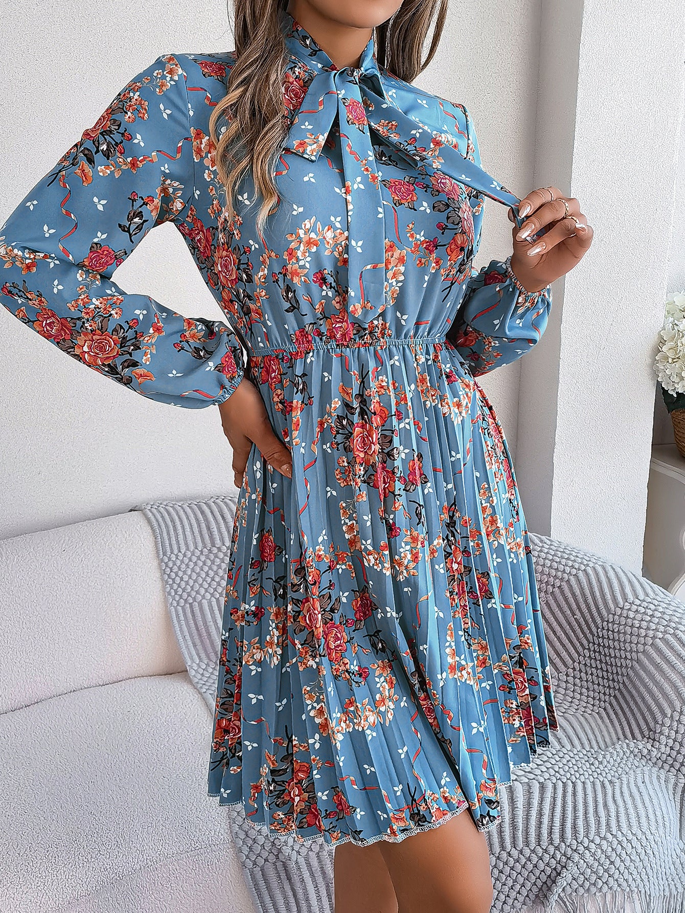 Floral Tie Neck Long Sleeve Pleated Midi Dress