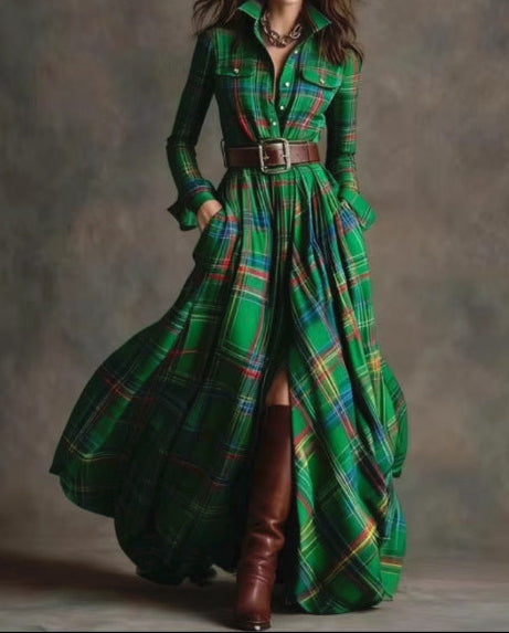 Women's Vintage Plaid Maxi Shirt Dress Long Sleeve Belted