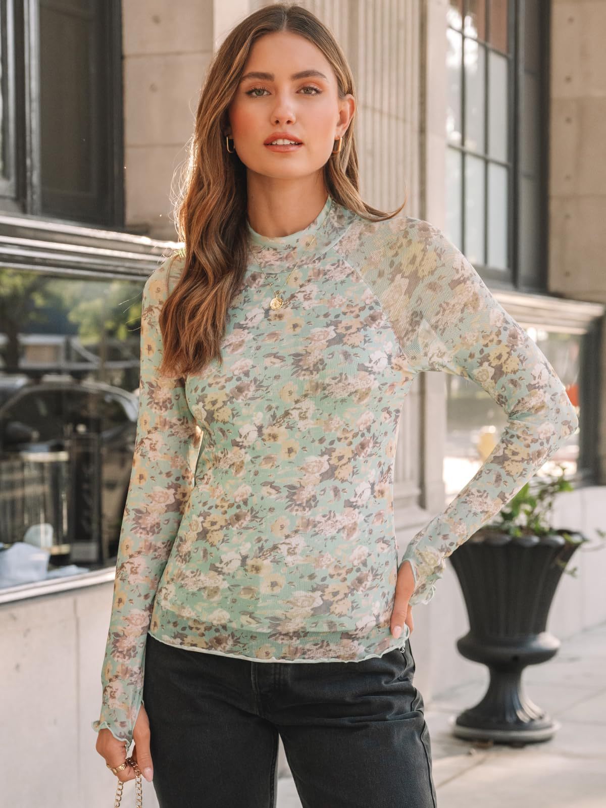 Y2K Mesh Printed Semi-Turtleneck Long Sleeve Top