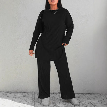 Solid Ribbed Knit Lounge Set with Wide Leg Pants