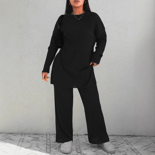 Solid Ribbed Knit Lounge Set with Wide Leg Pants