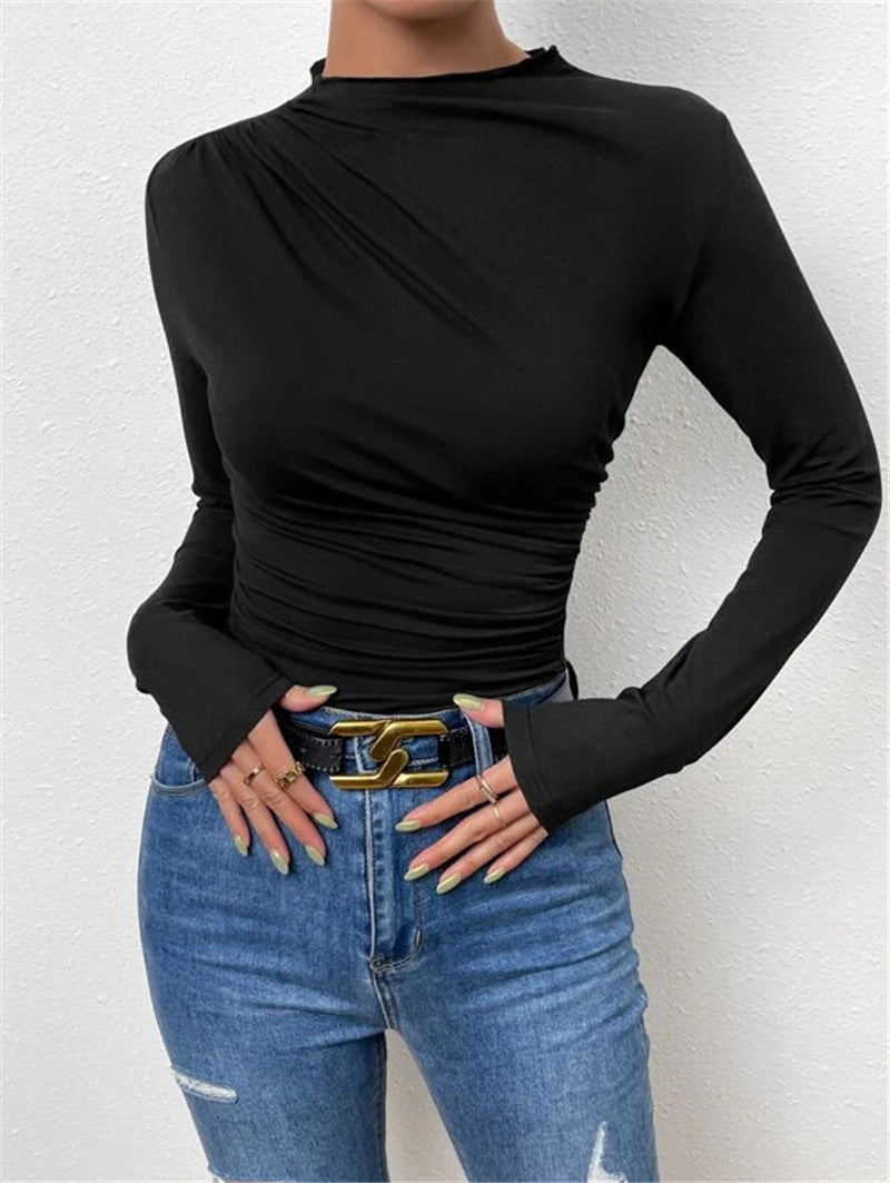 Women's Mock Neck Ruched Long Sleeve Fitted Top