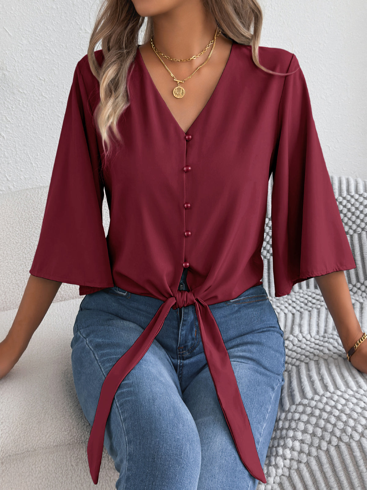 Women's V Neck Button Down Tie Front 3/4 Sleeve Blouse
