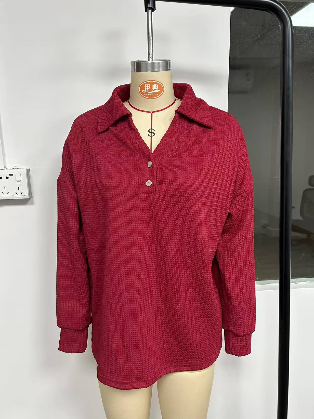 Women’s Waffle Knit Henley Top Collared V Neck Pullover