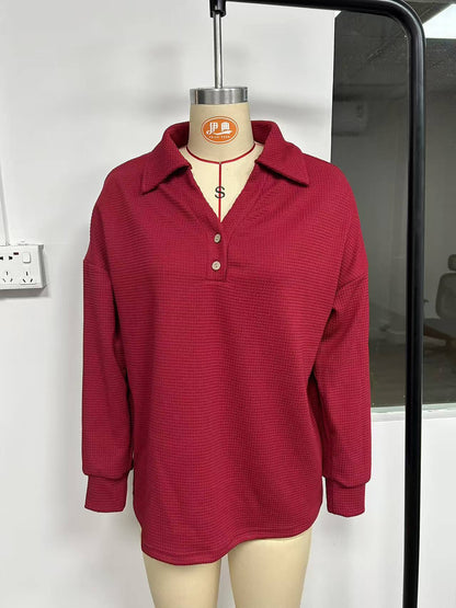 Women’s Waffle Knit Henley Top Collared V Neck Pullover