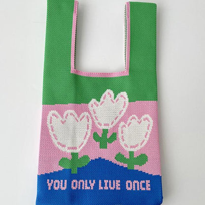 Flower Tulip Woman's Knitted Tote Bag Knit Waist Bag