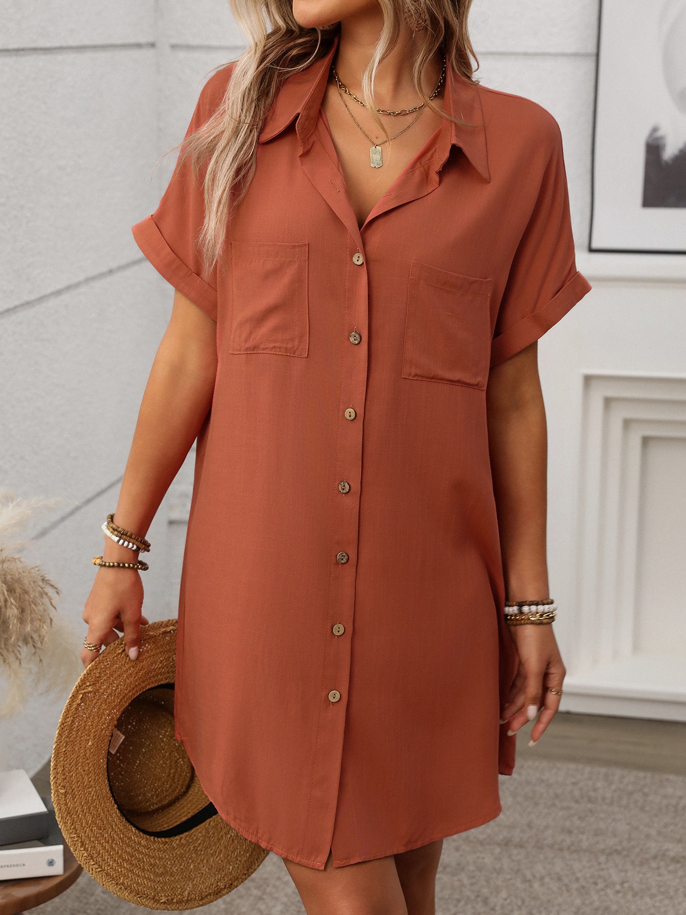 Striped Short Sleeve Shirt Dress Casual Summer Style