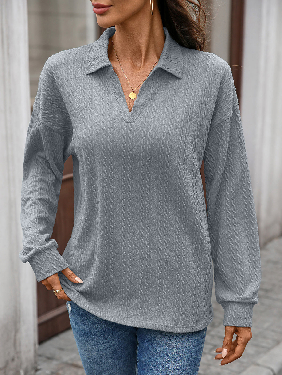 Women's Textured Collared Sweatshirt Long Sleeve Pullover