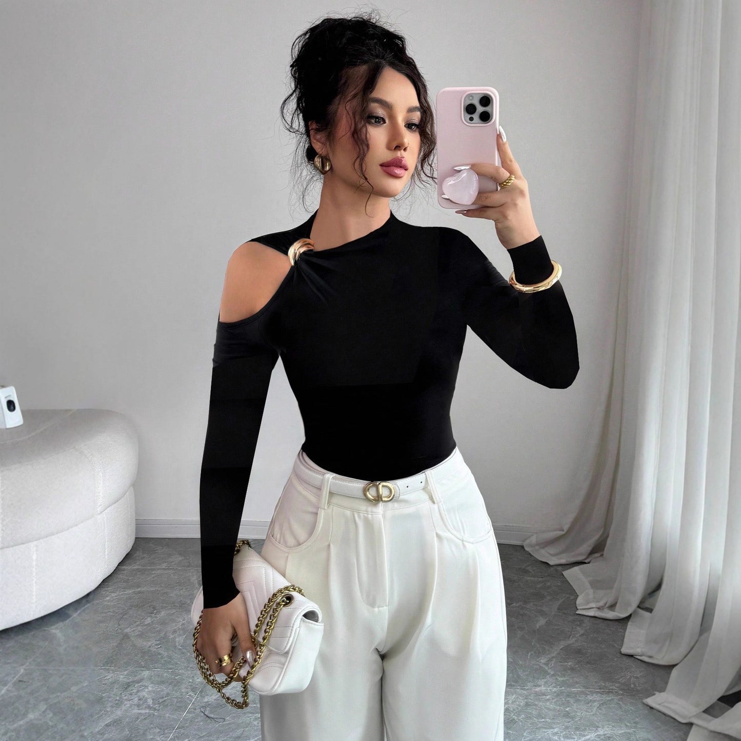 Asymmetrical One Shoulder Ring Long Sleeve Top