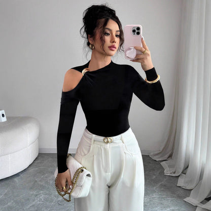 Asymmetrical One Shoulder Ring Long Sleeve Top