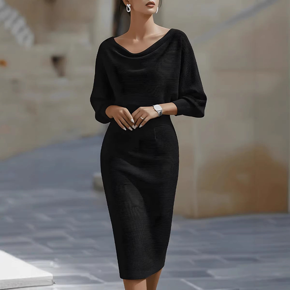 Cowl Neck Batwing Sleeve Ribbed Midi Sweater Dress