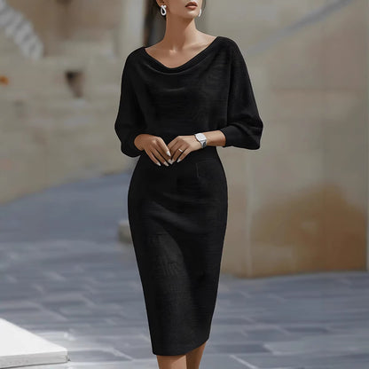Cowl Neck Batwing Sleeve Ribbed Midi Sweater Dress