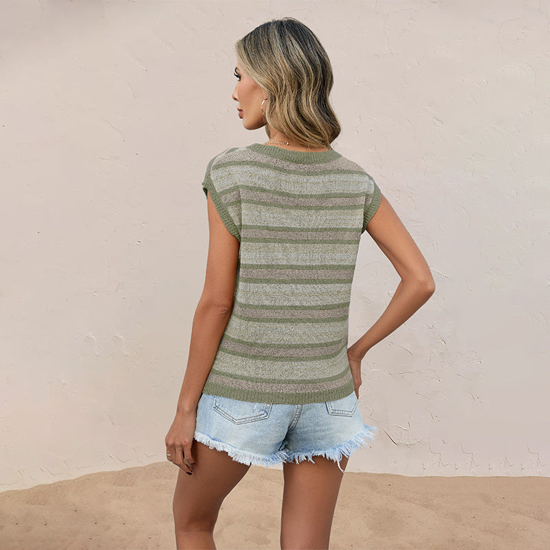 Color Block V-Neck Knit Top – Loose Casual Pullover