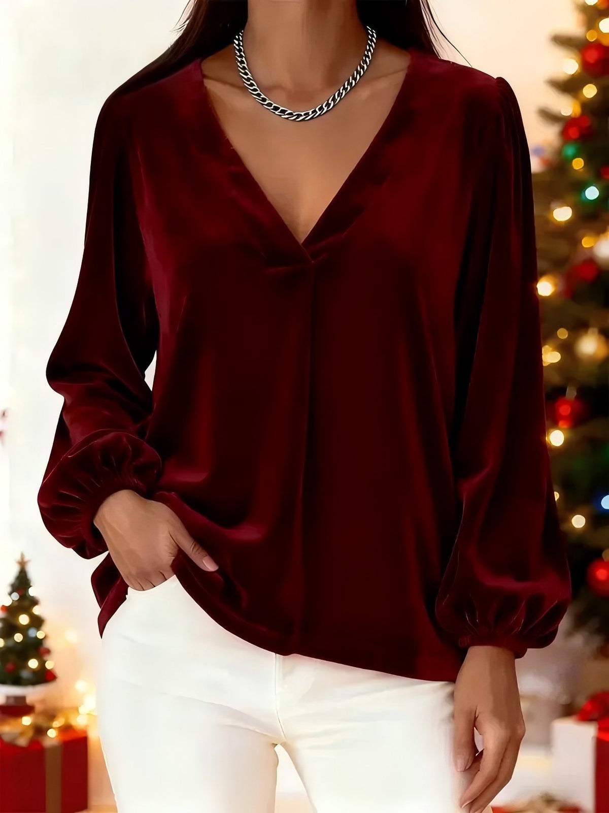 Women's Velvet V-Neck Balloon Sleeve Blouse