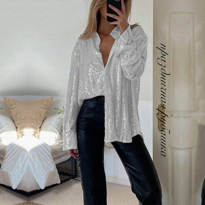 Sequin Collared Long Sleeve Button Down Blouse