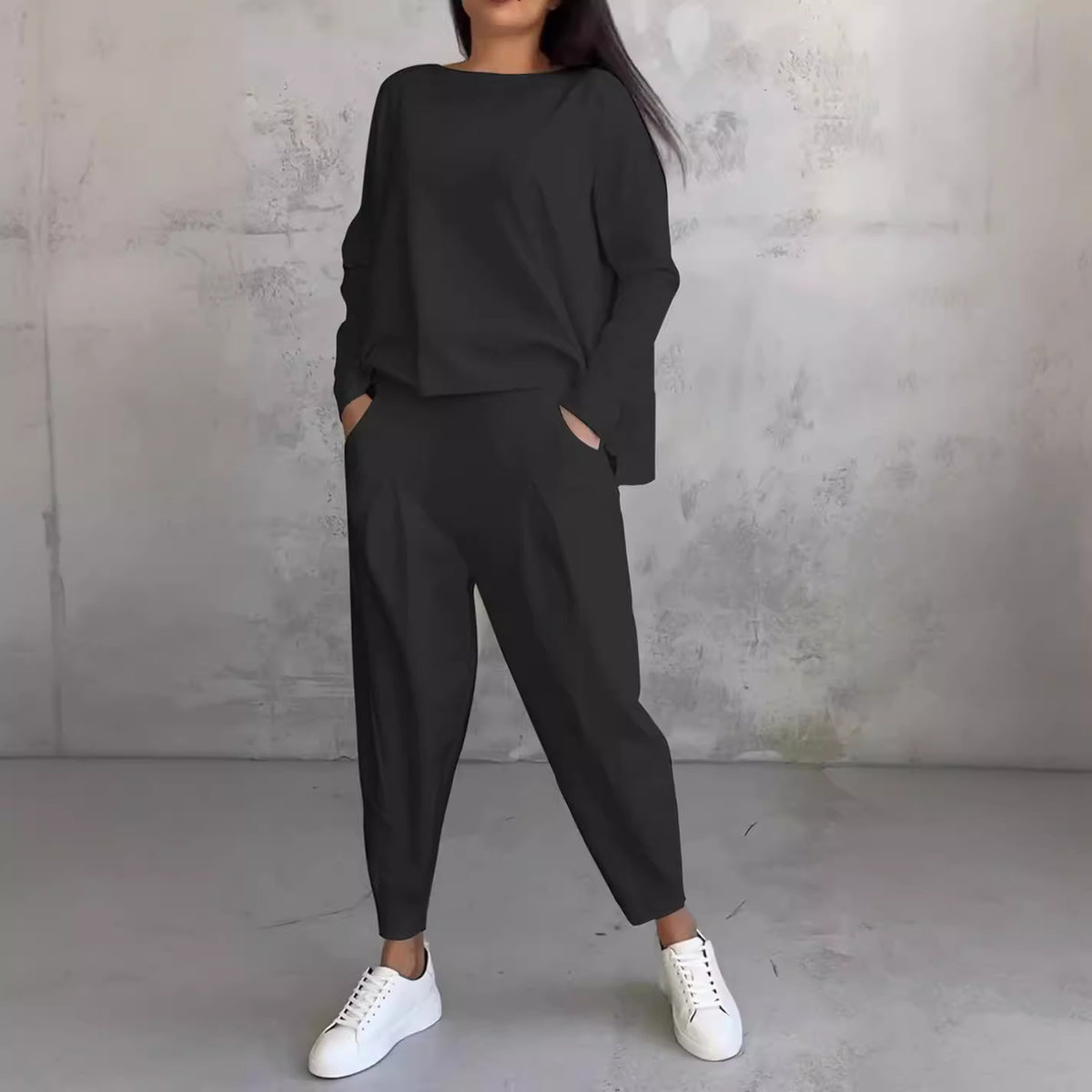Womens Casual Two Piece Set Long Sleeve Top Pants Pockets