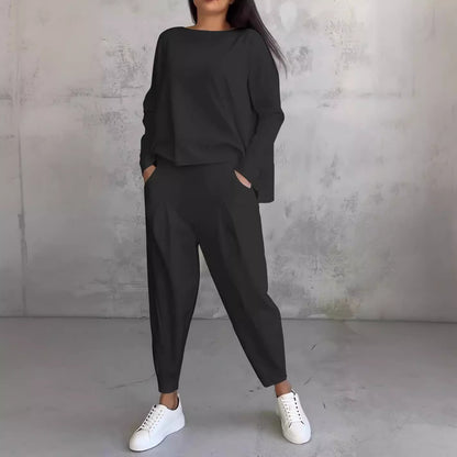 Womens Casual Two Piece Set Long Sleeve Top Pants Pockets