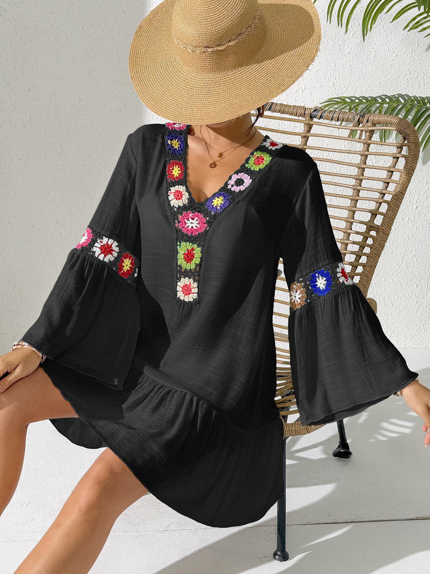 Boho Floral Crochet Ruffle Mini Beach Dress Cover Up