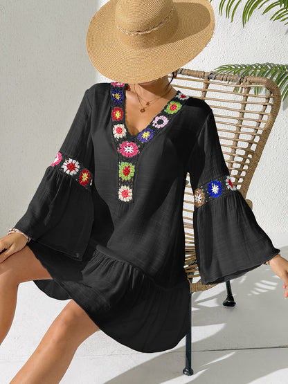Boho Floral Crochet Ruffle Mini Beach Dress Cover Up