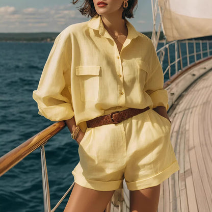 Women's 2 Piece Linen Shirt & Shorts Matching Set