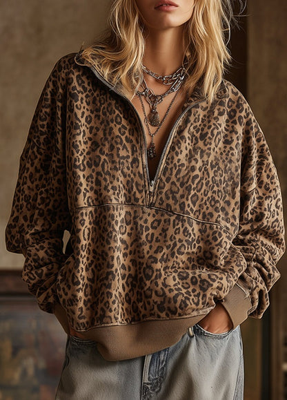 Leopard Print Half Zip Oversized Pullover Sweatshirt