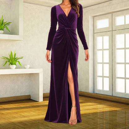 Velvet Long Sleeve Ruched Maxi Dress Deep V-Neck Slit