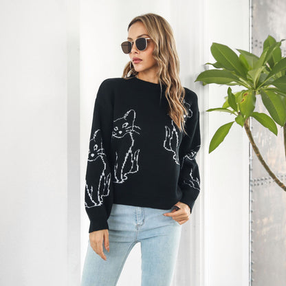 Women's Oversized Cat Graphic Sweater Crewneck Pullover